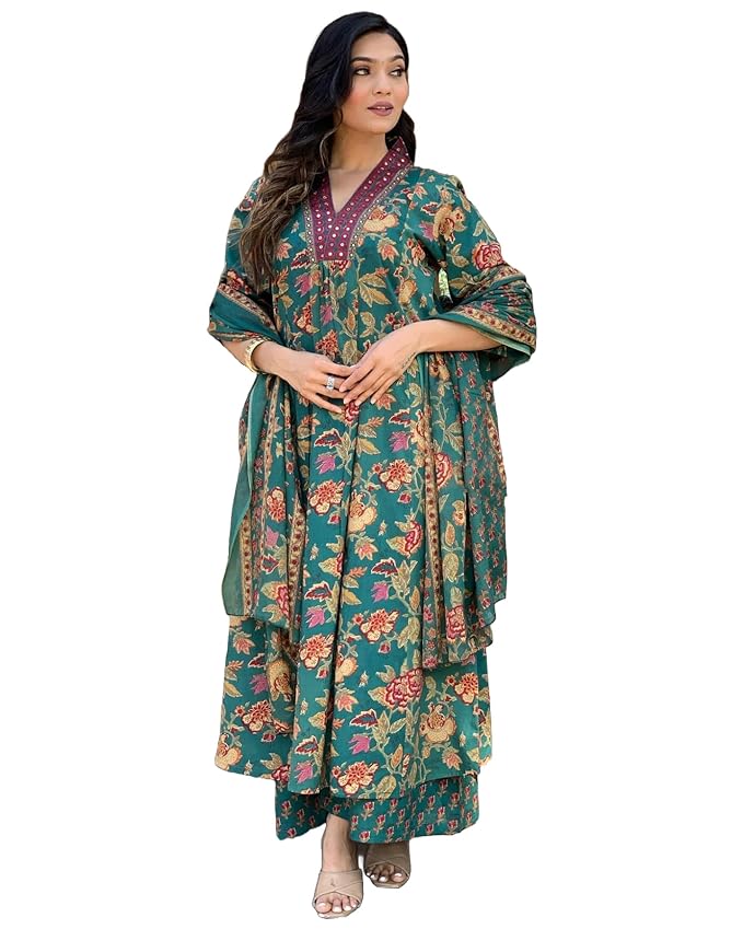 Go-Sriki Women's Rayon Blend Anarkali Printed Kurta with Palazzo & Dupatta