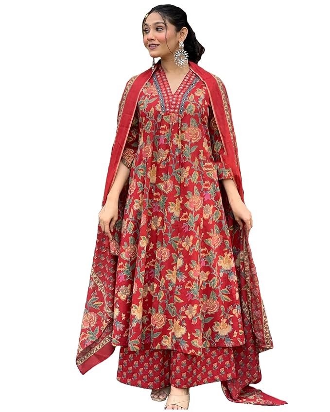 Go-Sriki Women's Rayon Blend Anarkali Printed Kurta with Palazzo & Dupatta