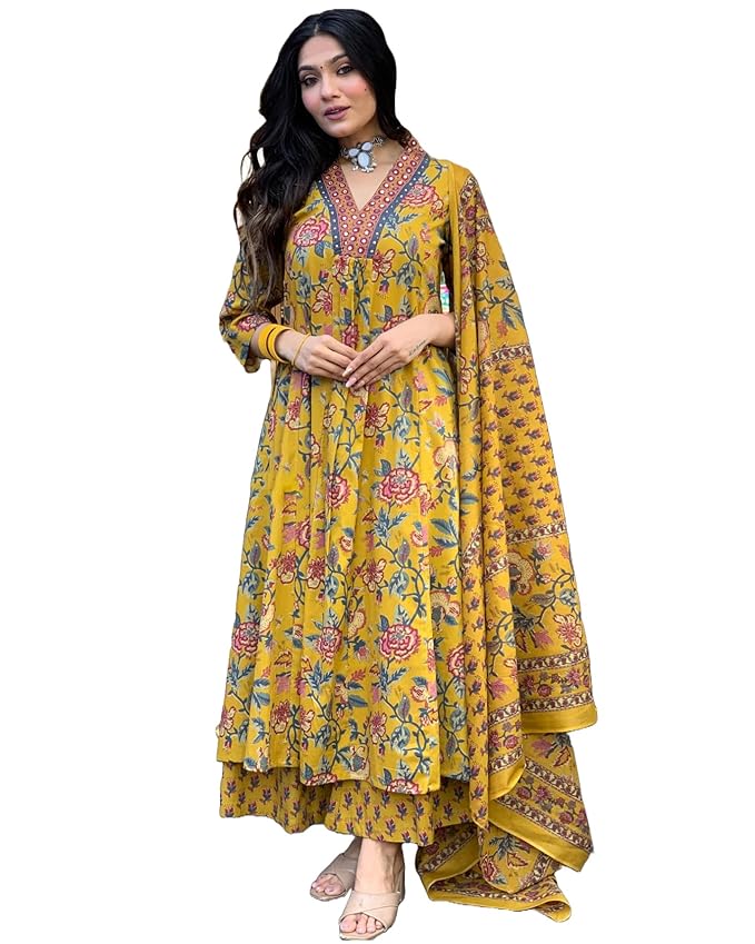 Go-Sriki Women's Rayon Blend Anarkali Printed Kurta with Palazzo & Dupatta